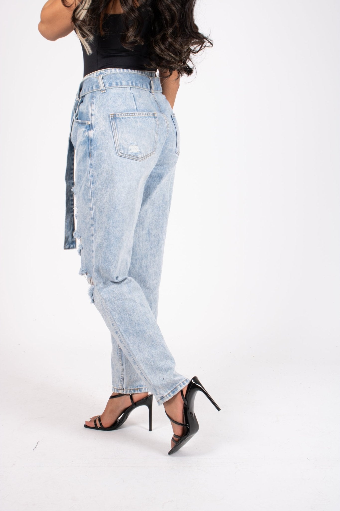 High - Rise Distressed Stonewash Belted Mom Jeans - Liquor n Poker