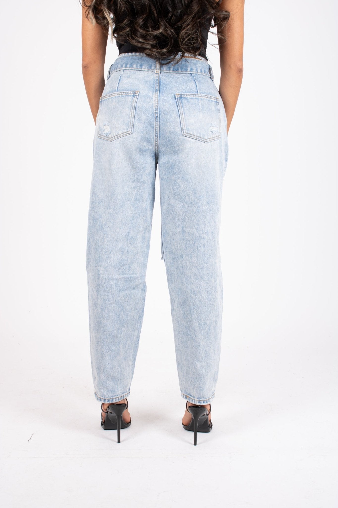 High - Rise Distressed Stonewash Belted Mom Jeans - Liquor n Poker