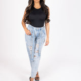 High - Rise Distressed Stonewash Belted Mom Jeans - Liquor n Poker