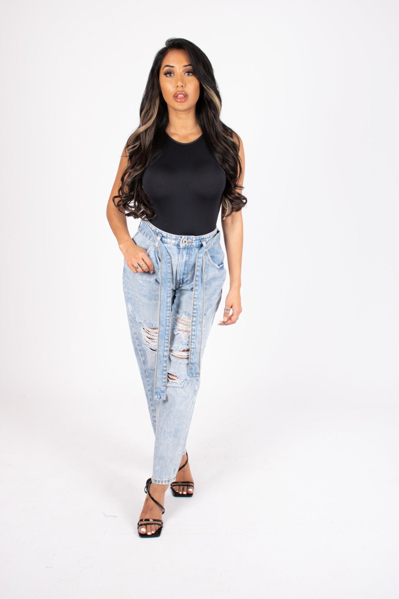 High - Rise Distressed Stonewash Belted Mom Jeans - Liquor n Poker