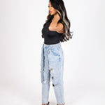High - Rise Distressed Stonewash Belted Mom Jeans - Liquor n Poker
