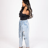 High - Rise Distressed Stonewash Belted Mom Jeans - Liquor n Poker