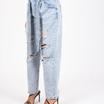 High - Rise Distressed Stonewash Belted Mom Jeans - Liquor n Poker