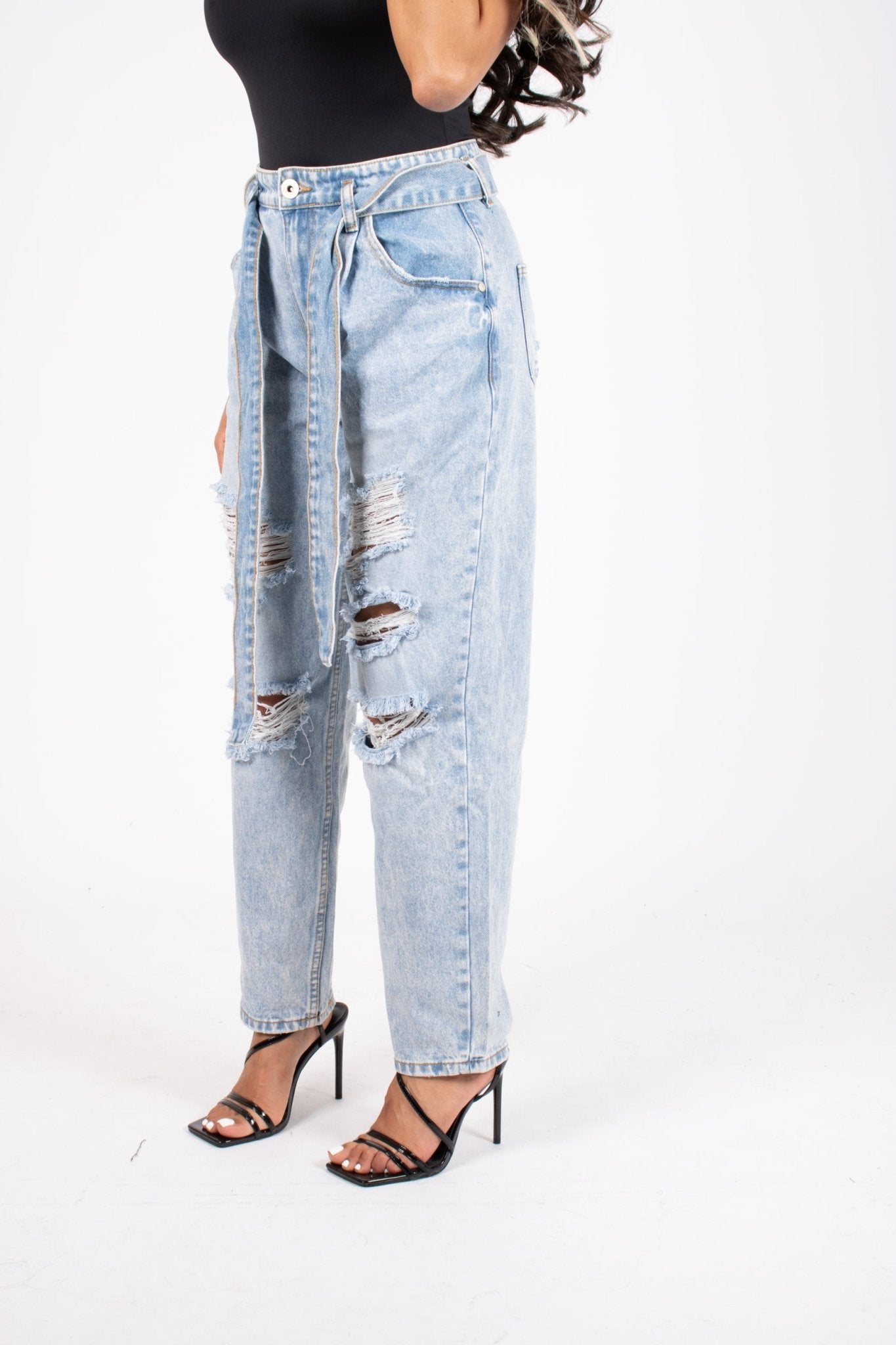 High - Rise Distressed Stonewash Belted Mom Jeans - Liquor n Poker