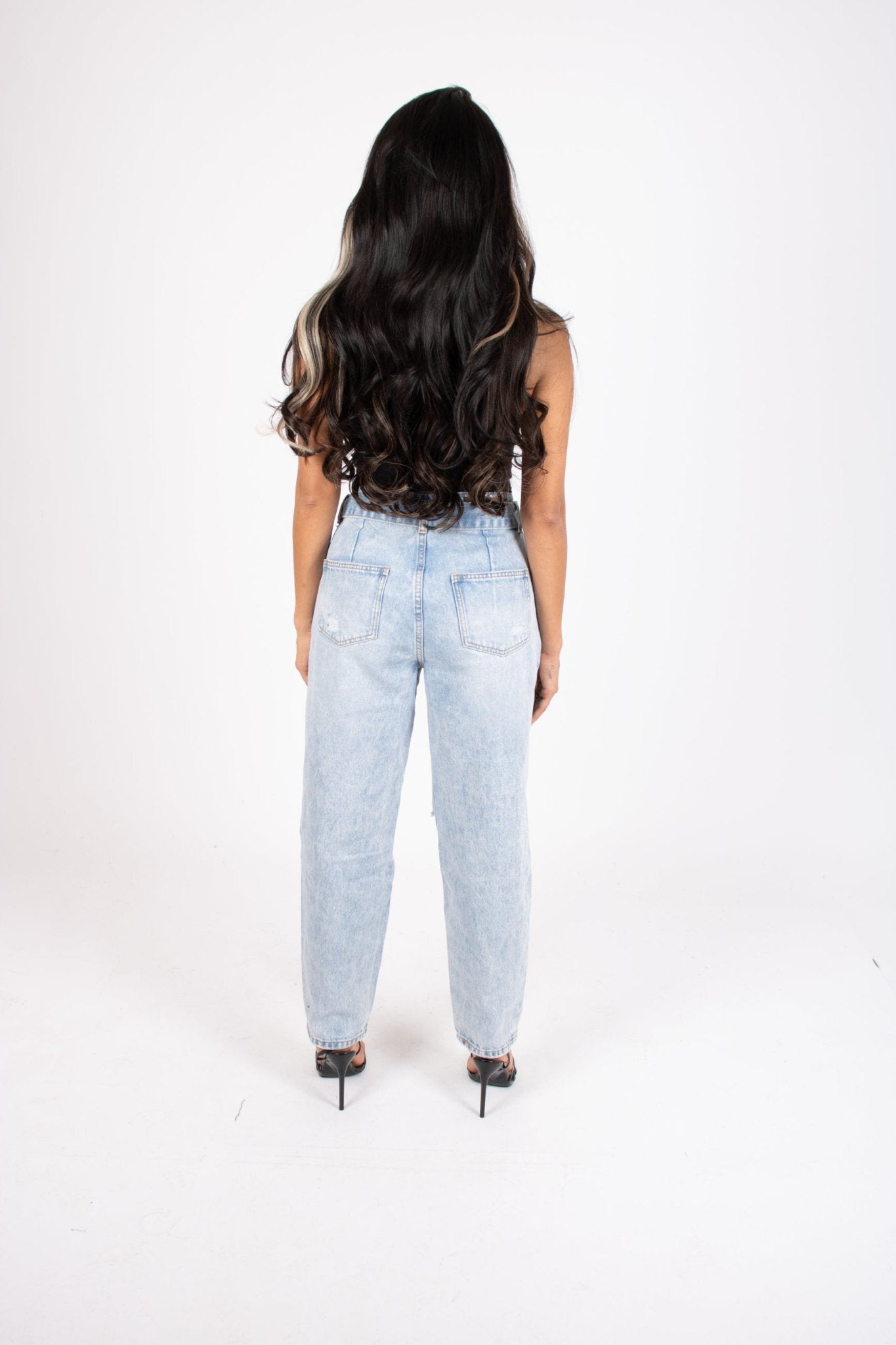 High - Rise Distressed Stonewash Belted Mom Jeans - Liquor n Poker