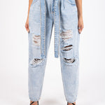 High - Rise Distressed Stonewash Belted Mom Jeans - Liquor n Poker