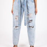 High - Rise Distressed Stonewash Belted Mom Jeans - Liquor n Poker