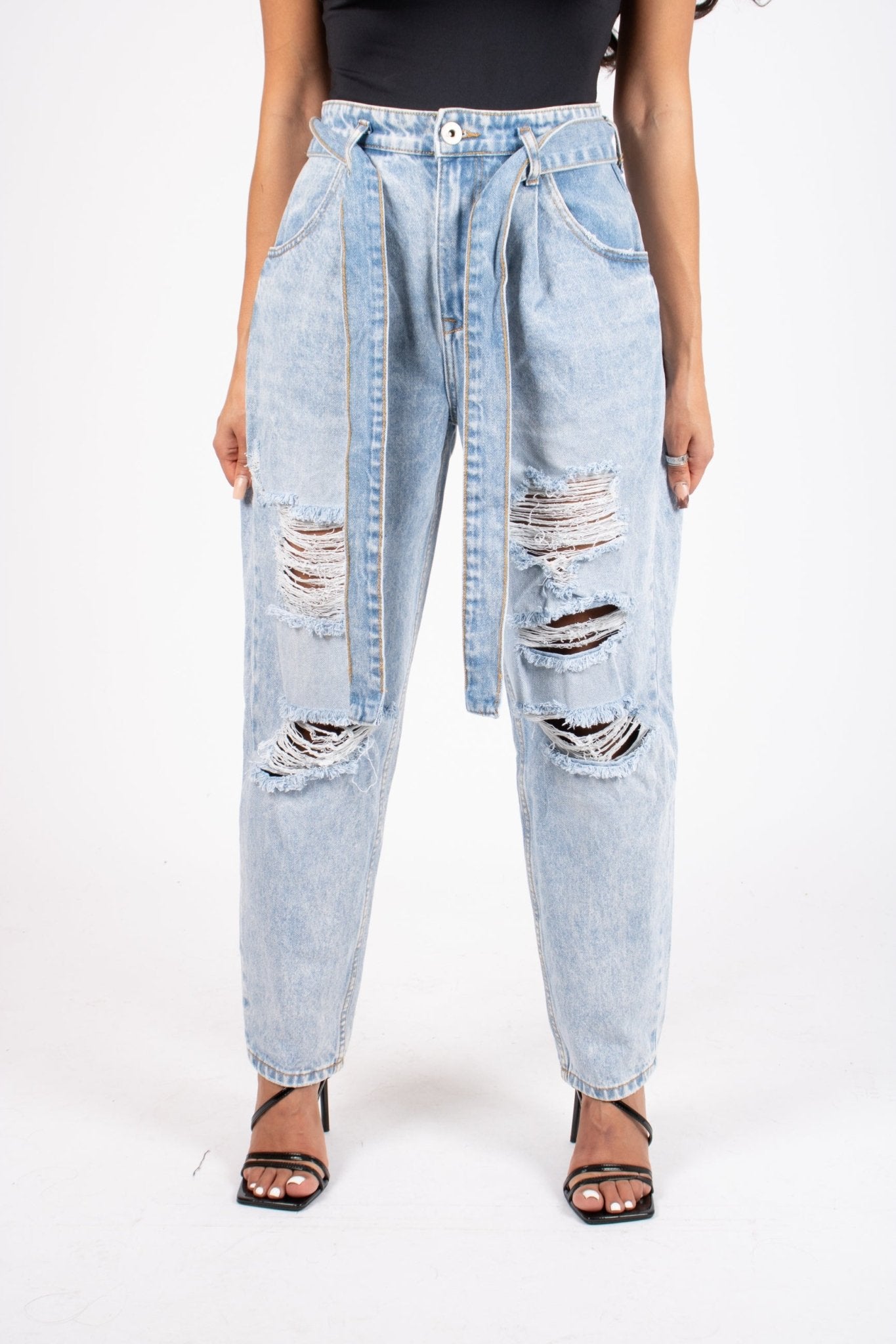 High - Rise Distressed Stonewash Belted Mom Jeans - Liquor n Poker