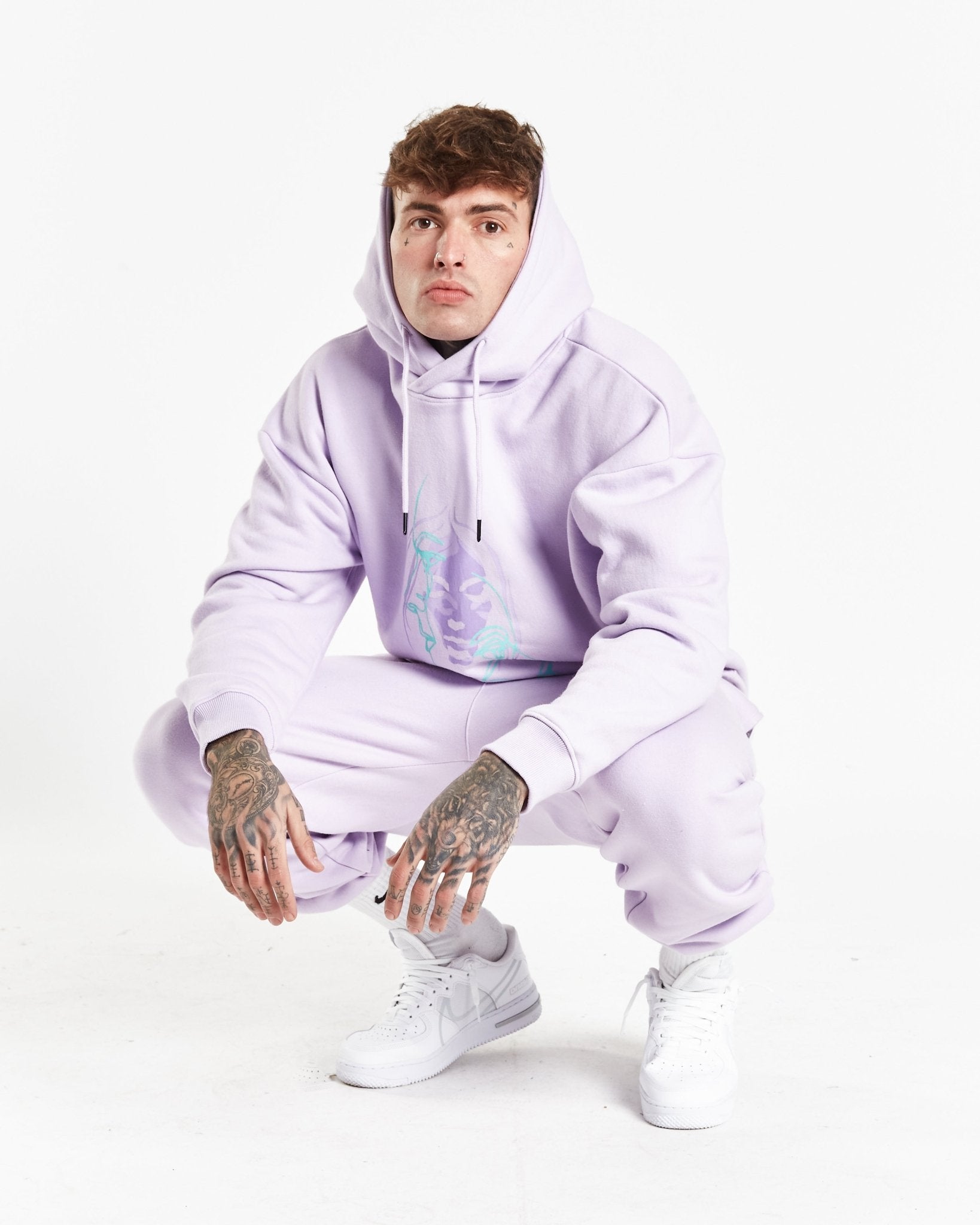 Illustrated Faces Relaxed Hoody In Lilac - Liquor n Poker