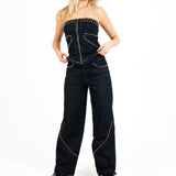 Indigo Denim Baggy Jeans With Stud Detail - Liquor n Poker