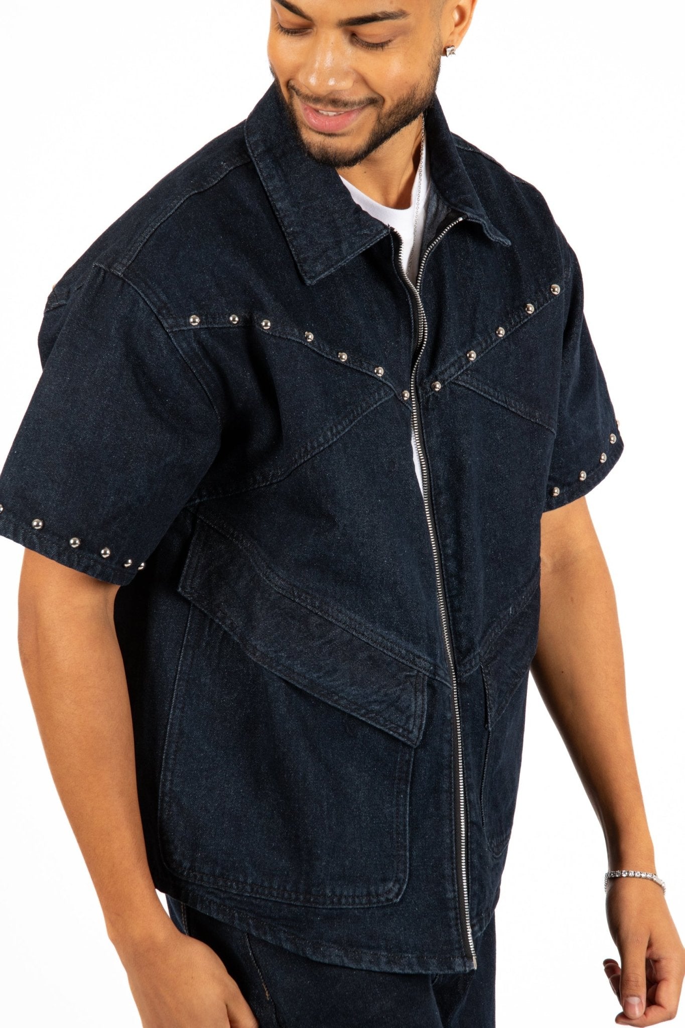 Indigo Denim Shirt With Stud Detail - Liquor n Poker