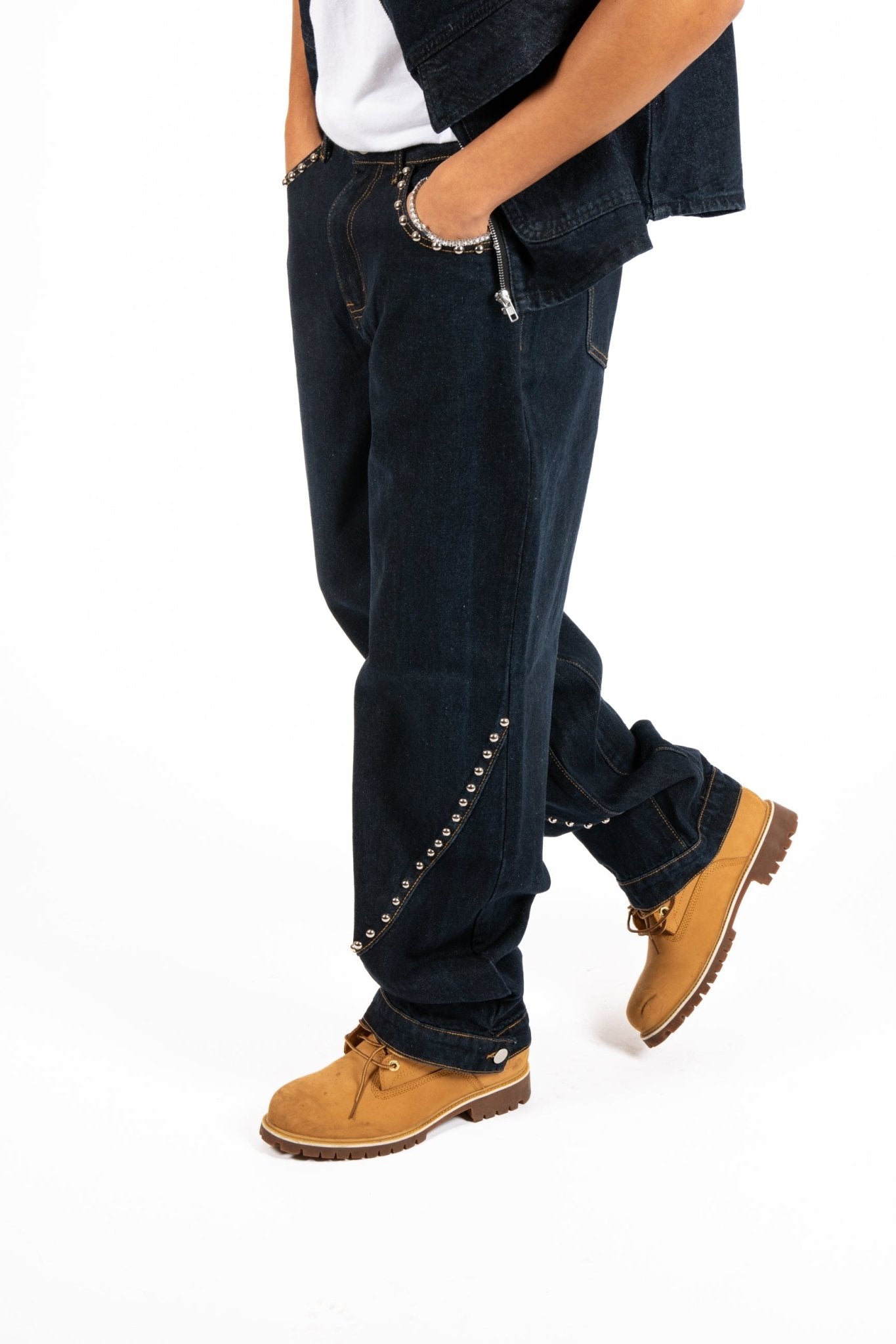 Indigo Denim Straight Leg Jean With Stud Detail - Liquor n Poker