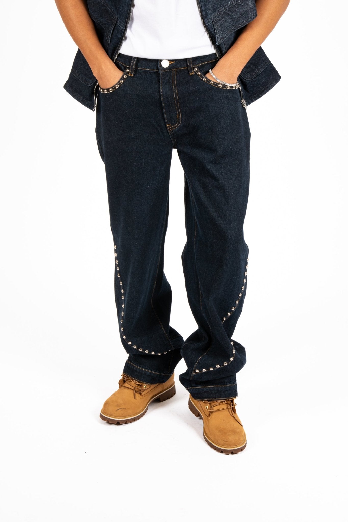 Indigo Denim Straight Leg Jean With Stud Detail - Liquor n Poker