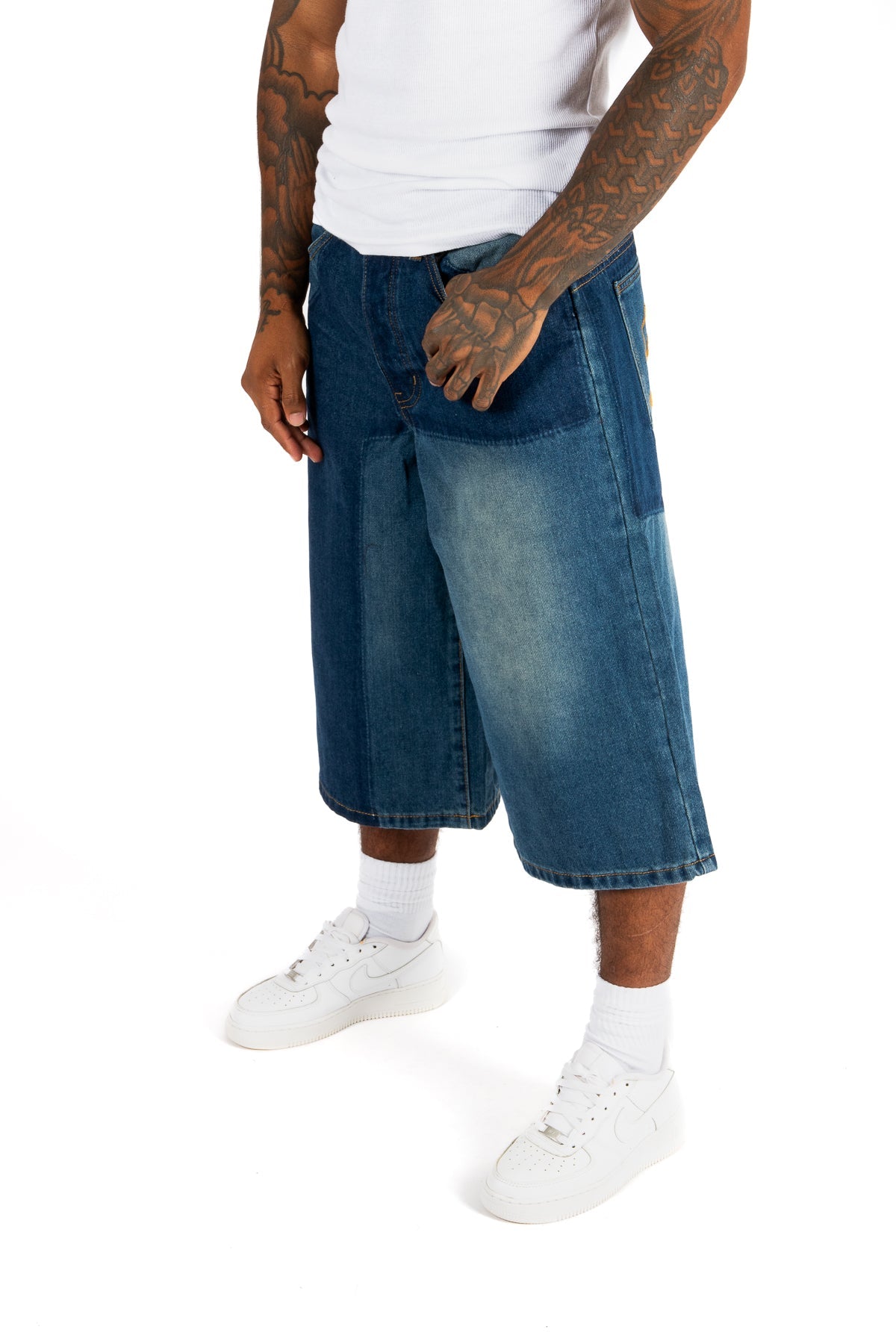 Inidigo Blue Patchwork Extra Baggy Denim Jorts - Liquor n Poker