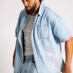 Japanese Blossom Print Embroidered Denim Shirt in Light Wash Blue - Liquor n Poker