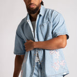 Japanese Blossom Print Embroidered Denim Shirt in Light Wash Blue - Liquor n Poker