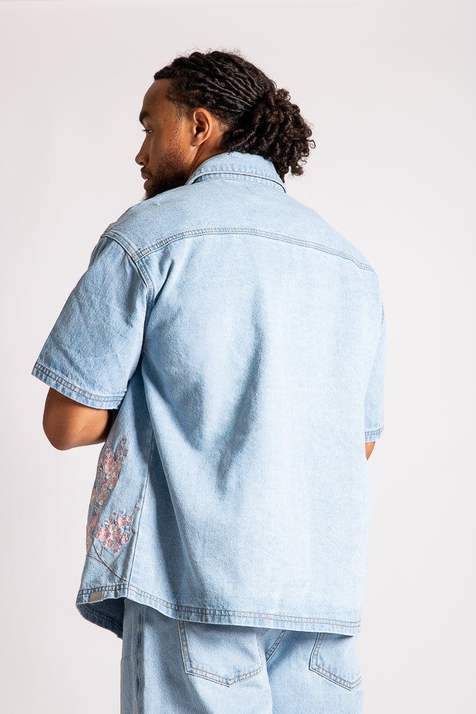 Japanese Blossom Print Embroidered Denim Shirt in Light Wash Blue - Liquor n Poker
