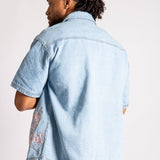 Japanese Blossom Print Embroidered Denim Shirt in Light Wash Blue - Liquor n Poker