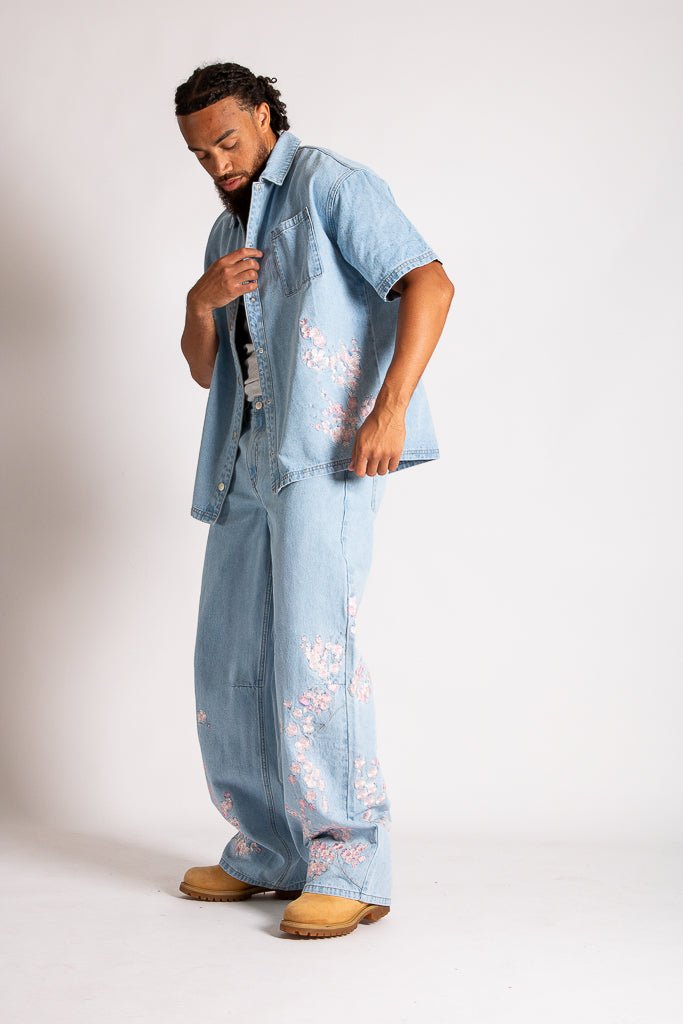 Japanese Blossom Print Embroidered Denim Shirt in Light Wash Blue - Liquor n Poker