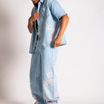 Japanese Blossom Print Embroidered Denim Shirt in Light Wash Blue - Liquor n Poker