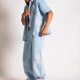 Japanese Blossom Print Embroidered Denim Shirt in Light Wash Blue - Liquor n Poker