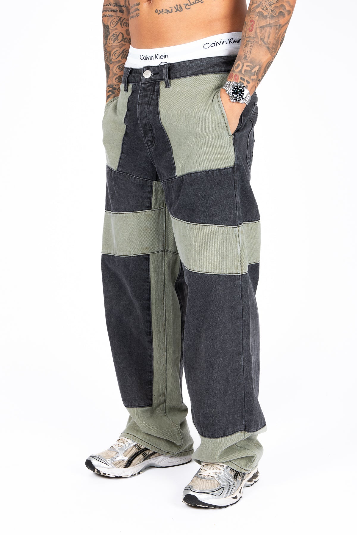 Khaki & Black Biker Panelled Jeans - Liquor n Poker