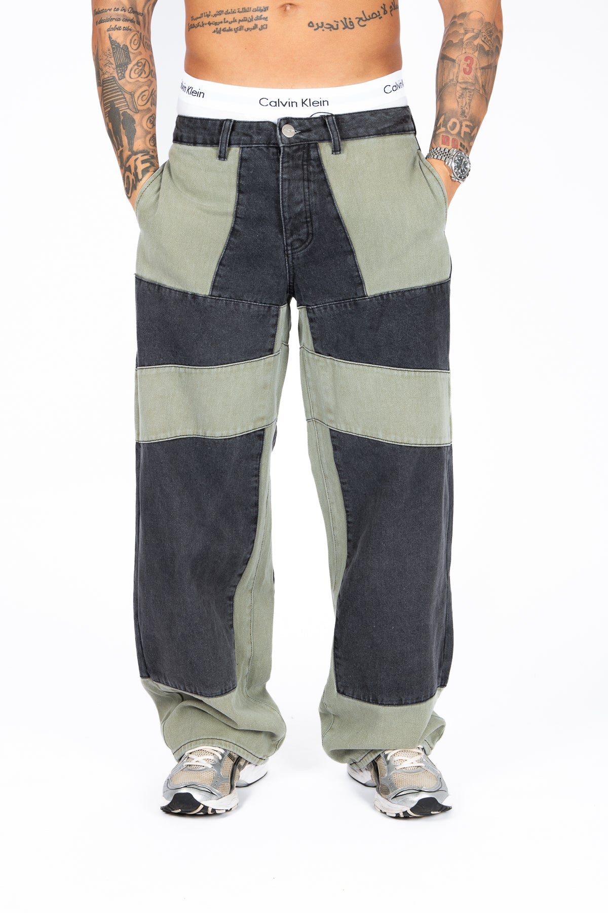 Khaki & Black Biker Panelled Jeans - Liquor n Poker