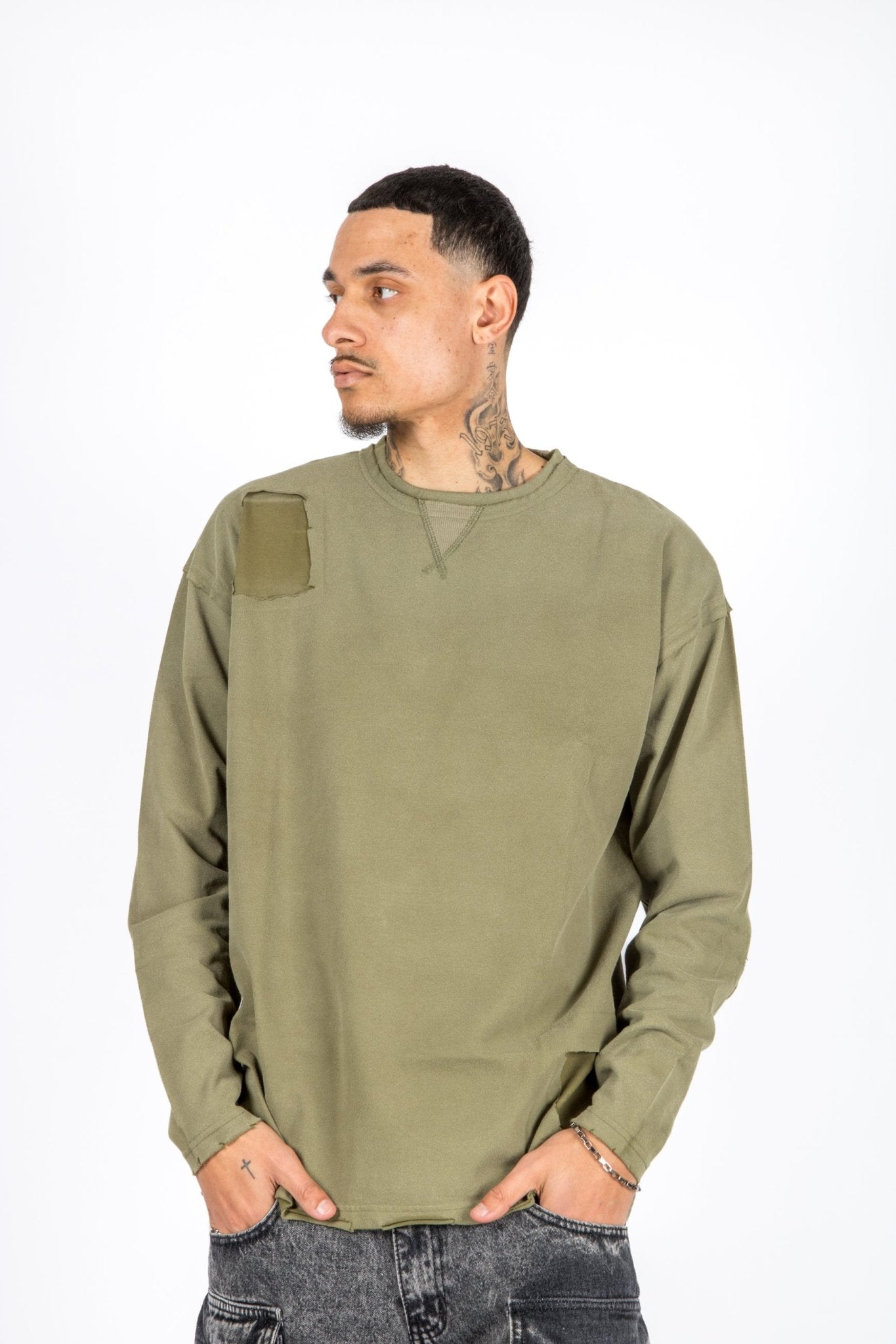 Khaki Double Layered Distressed Long Sleeve T-Shirt - Liquor n Poker