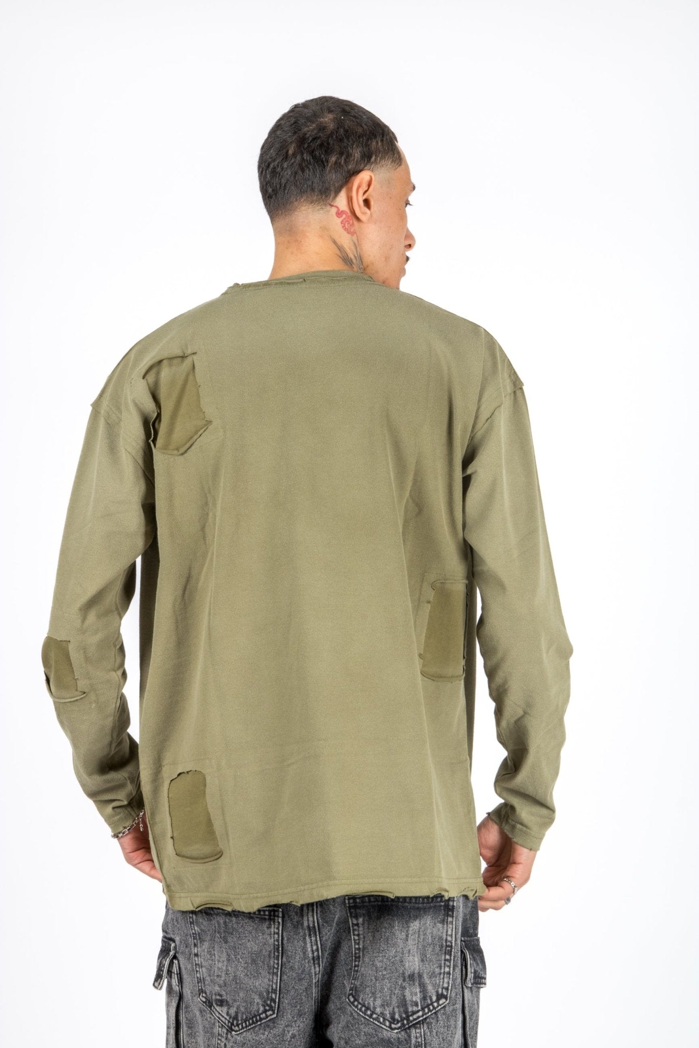 Khaki Double Layered Distressed Long Sleeve T-Shirt - Liquor n Poker