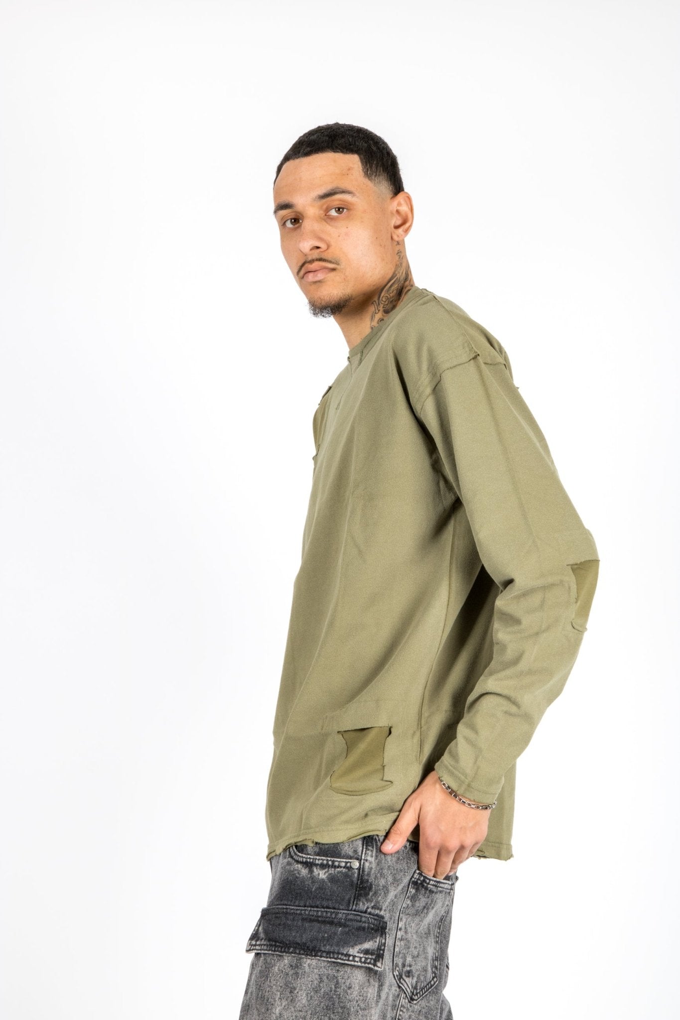 Khaki Double Layered Distressed Long Sleeve T-Shirt - Liquor n Poker