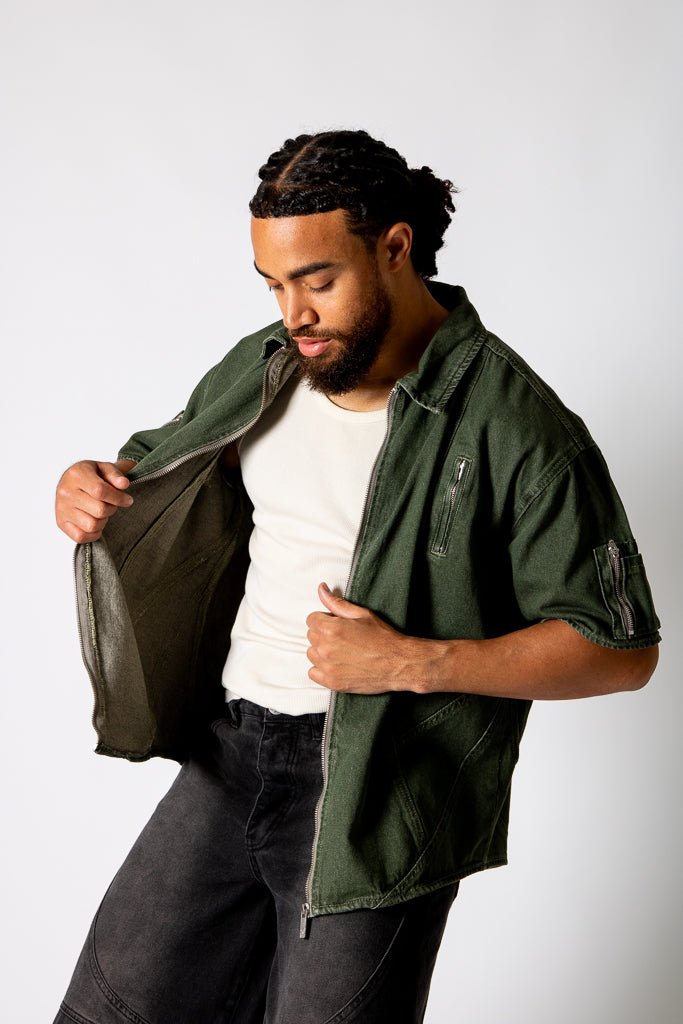 Khaki Panelled Detail Denim Shirt - Liquor n Poker