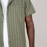 Khaki Pinstripe Revere Collar Short Sleeve Shirt - Liquor n Poker