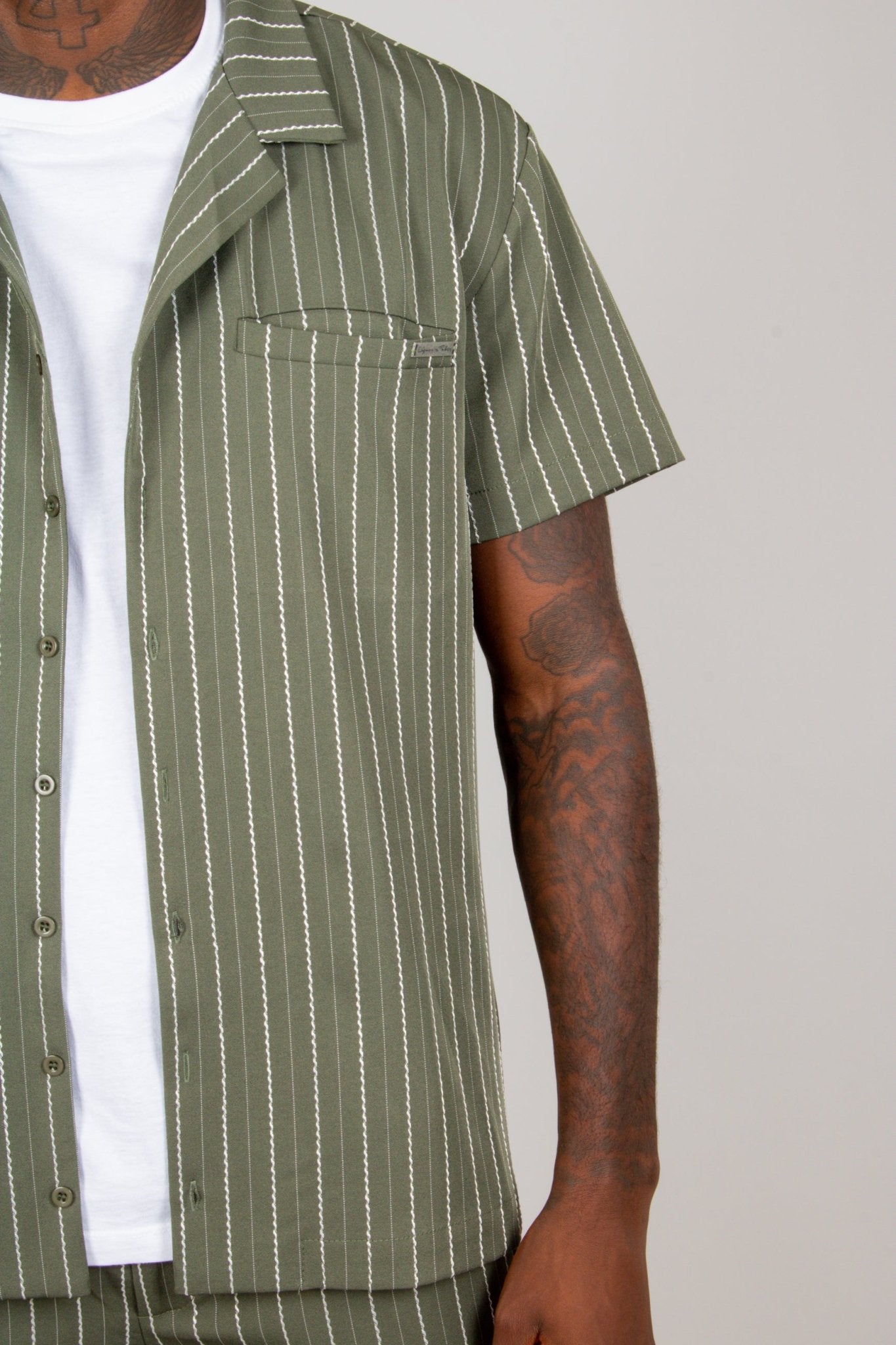 Khaki Pinstripe Revere Collar Short Sleeve Shirt - Liquor n Poker