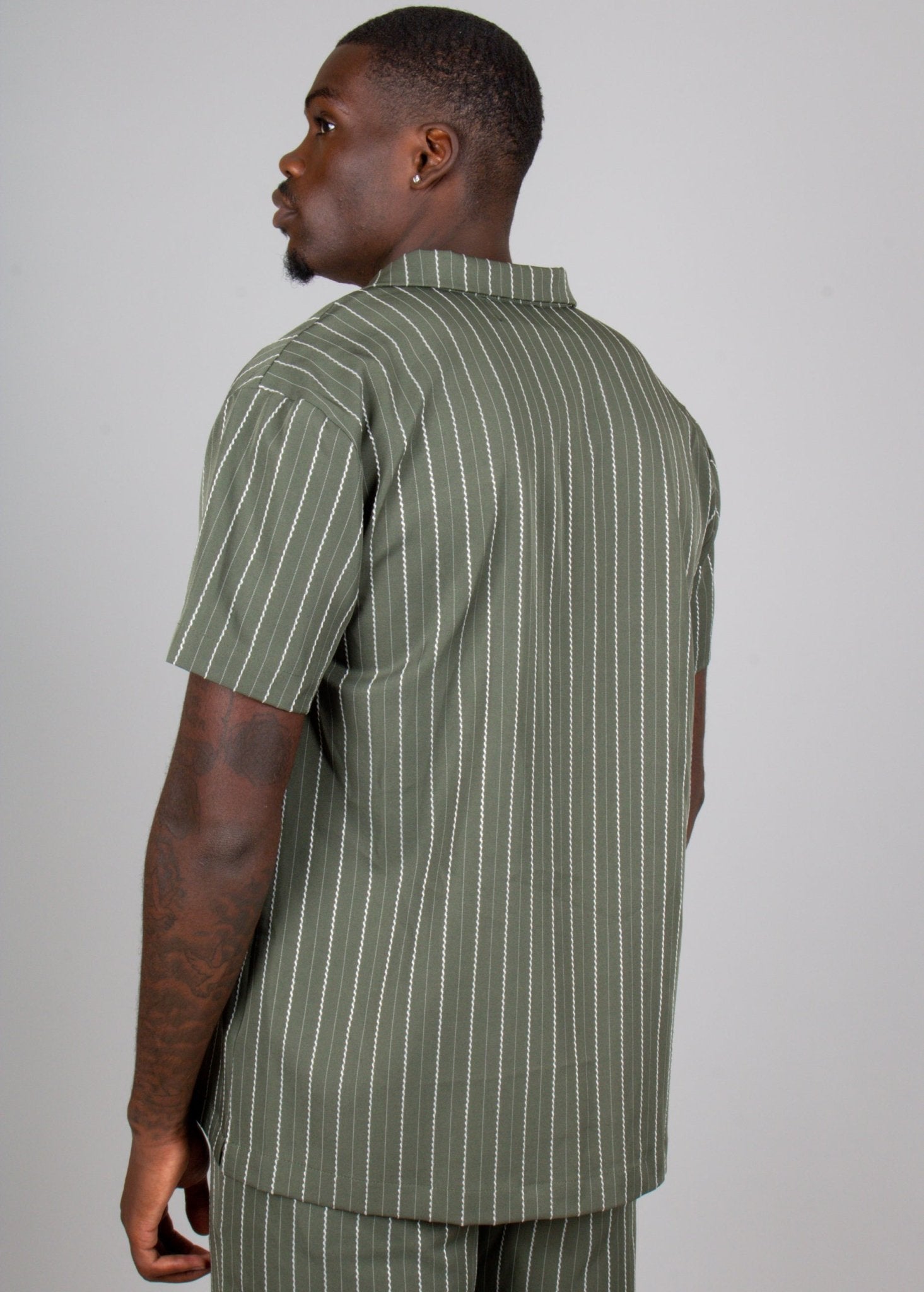 Khaki Pinstripe Revere Collar Short Sleeve Shirt - Liquor n Poker