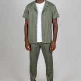 Khaki Pinstripe Revere Collar Short Sleeve Shirt - Liquor n Poker