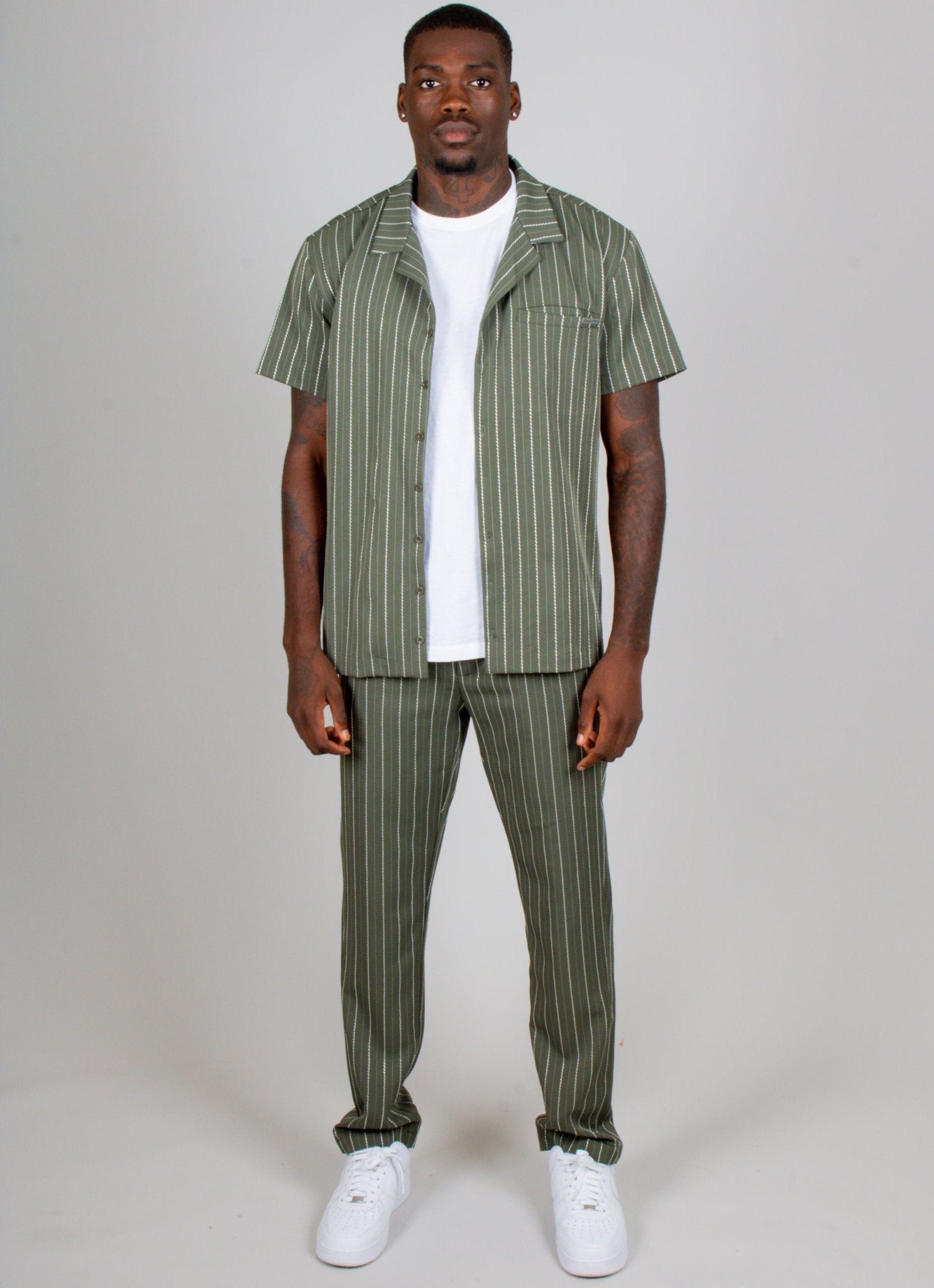 Khaki Pinstripe Revere Collar Short Sleeve Shirt - Liquor n Poker