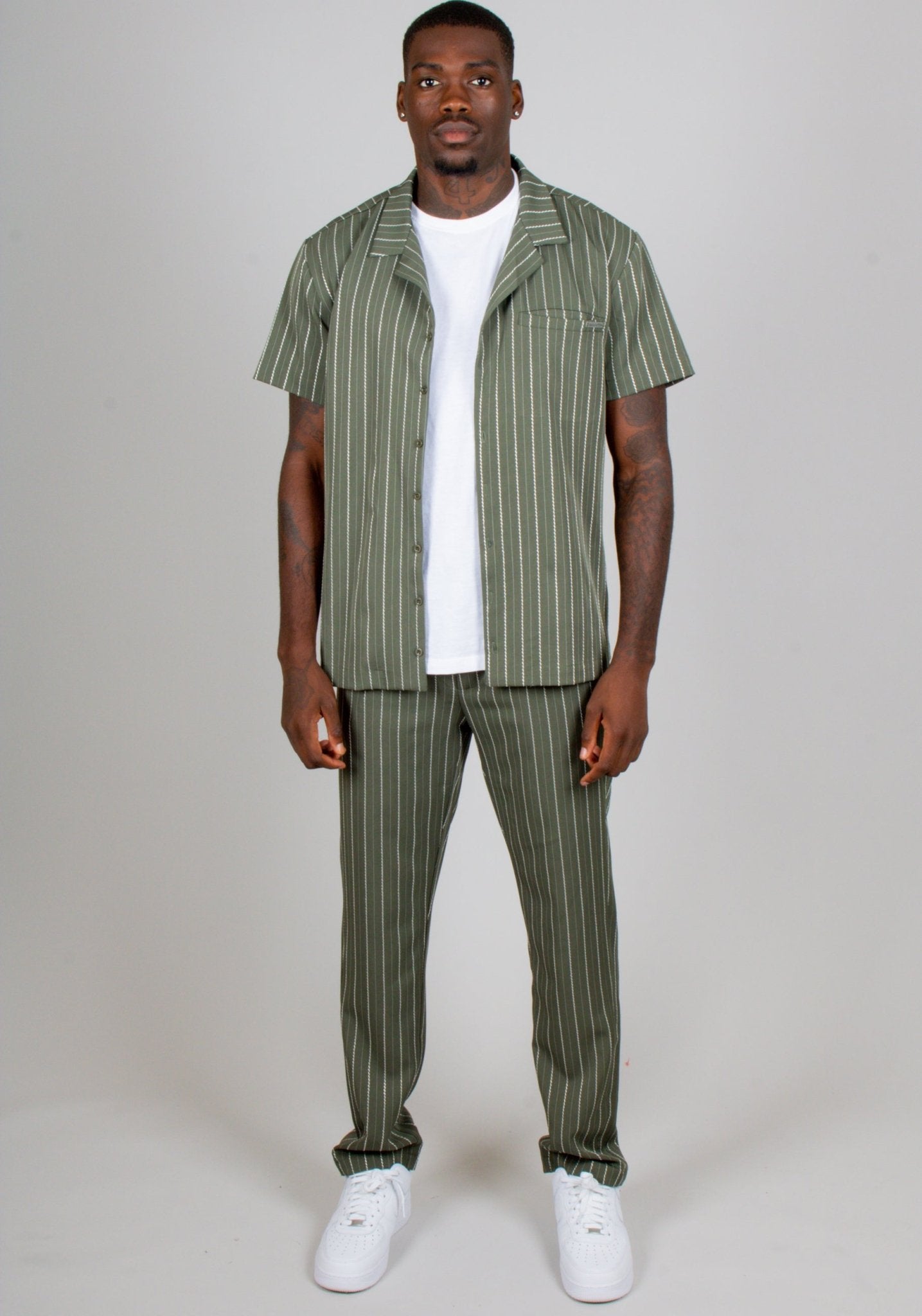 Khaki Pinstripe Straight Leg Trousers - Liquor n Poker