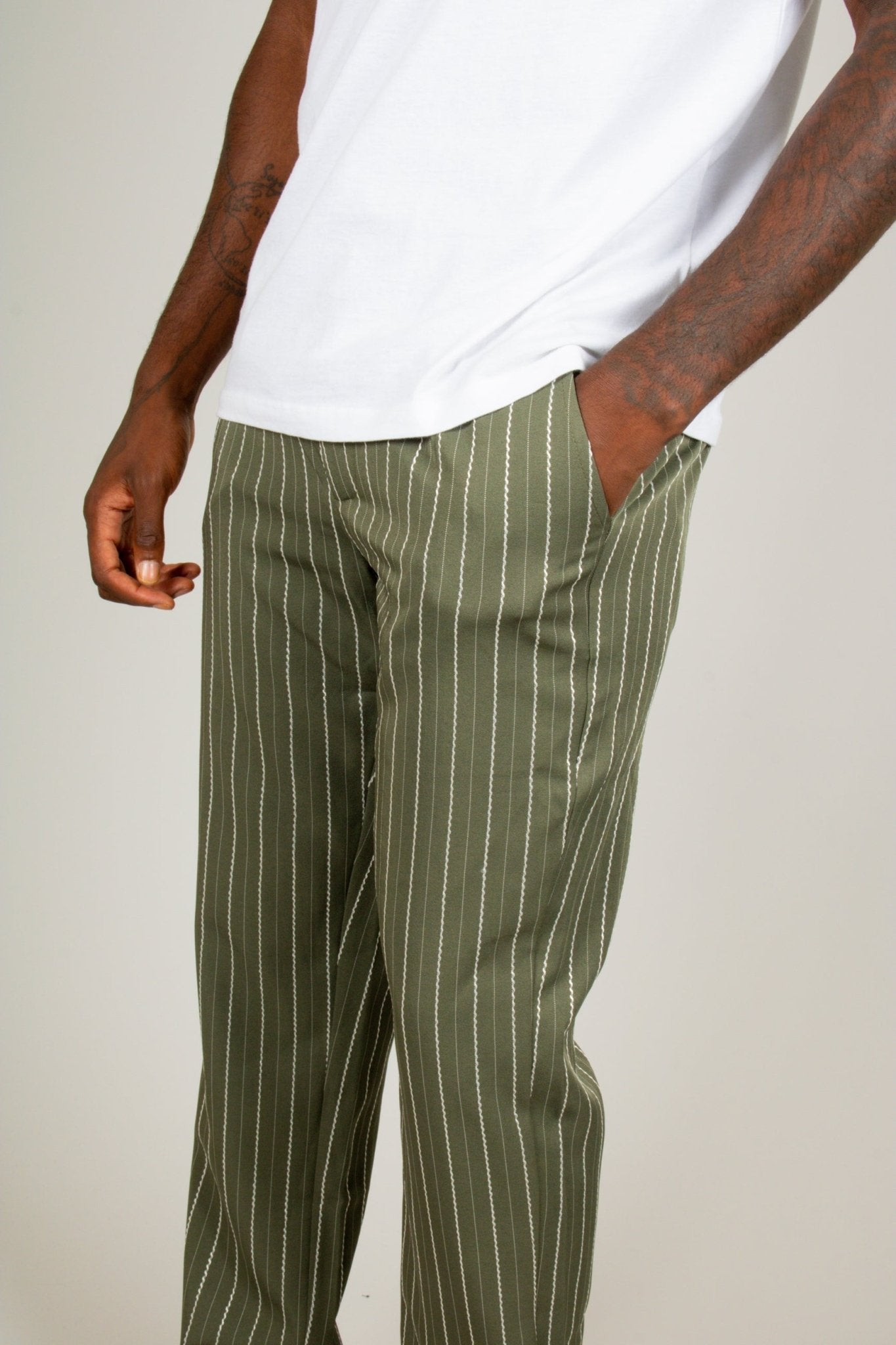 Khaki Pinstripe Straight Leg Trousers - Liquor n Poker
