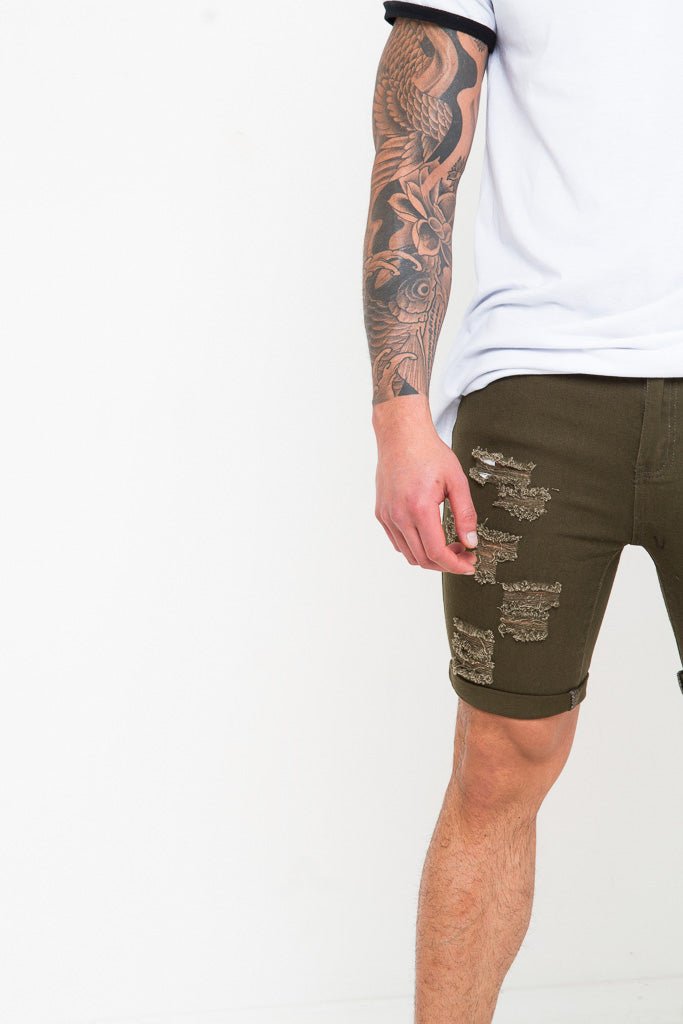 Khaki Ripped Skinny Stretch Denim Shorts - Liquor n Poker