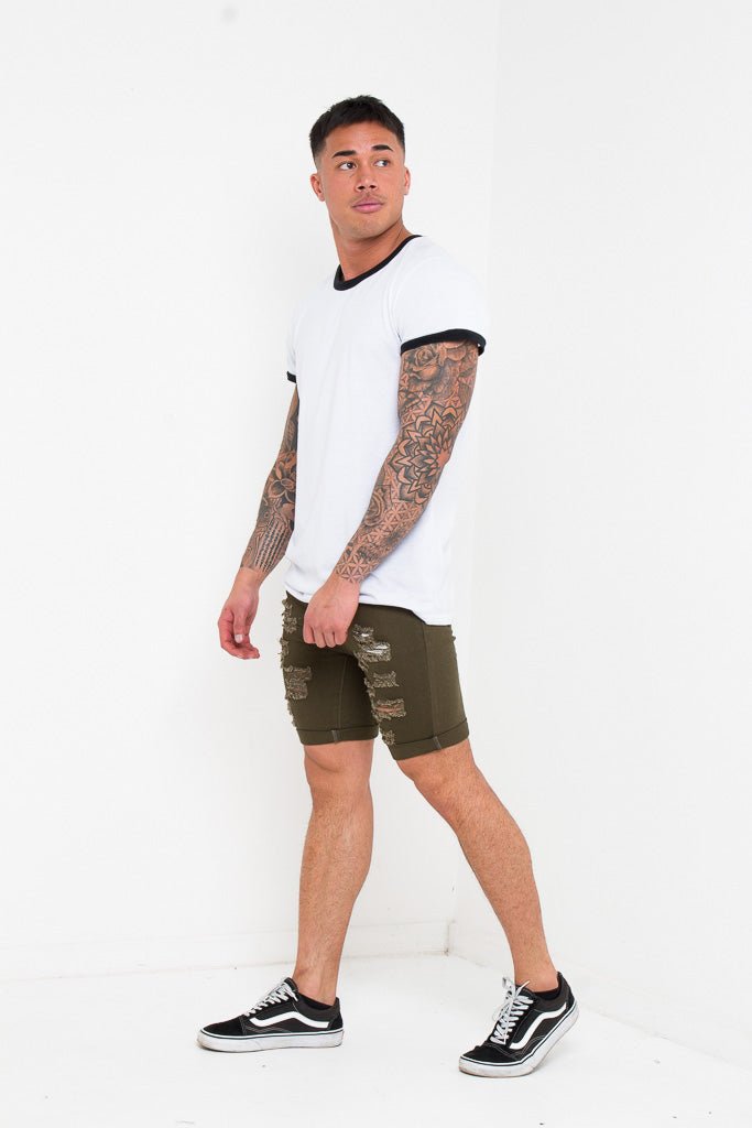 Khaki Ripped Skinny Stretch Denim Shorts - Liquor n Poker