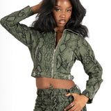 Khaki Snake Print Cropped Denim Jacket - Liquor n Poker
