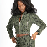 Khaki Snake Print Cropped Denim Jacket - Liquor n Poker