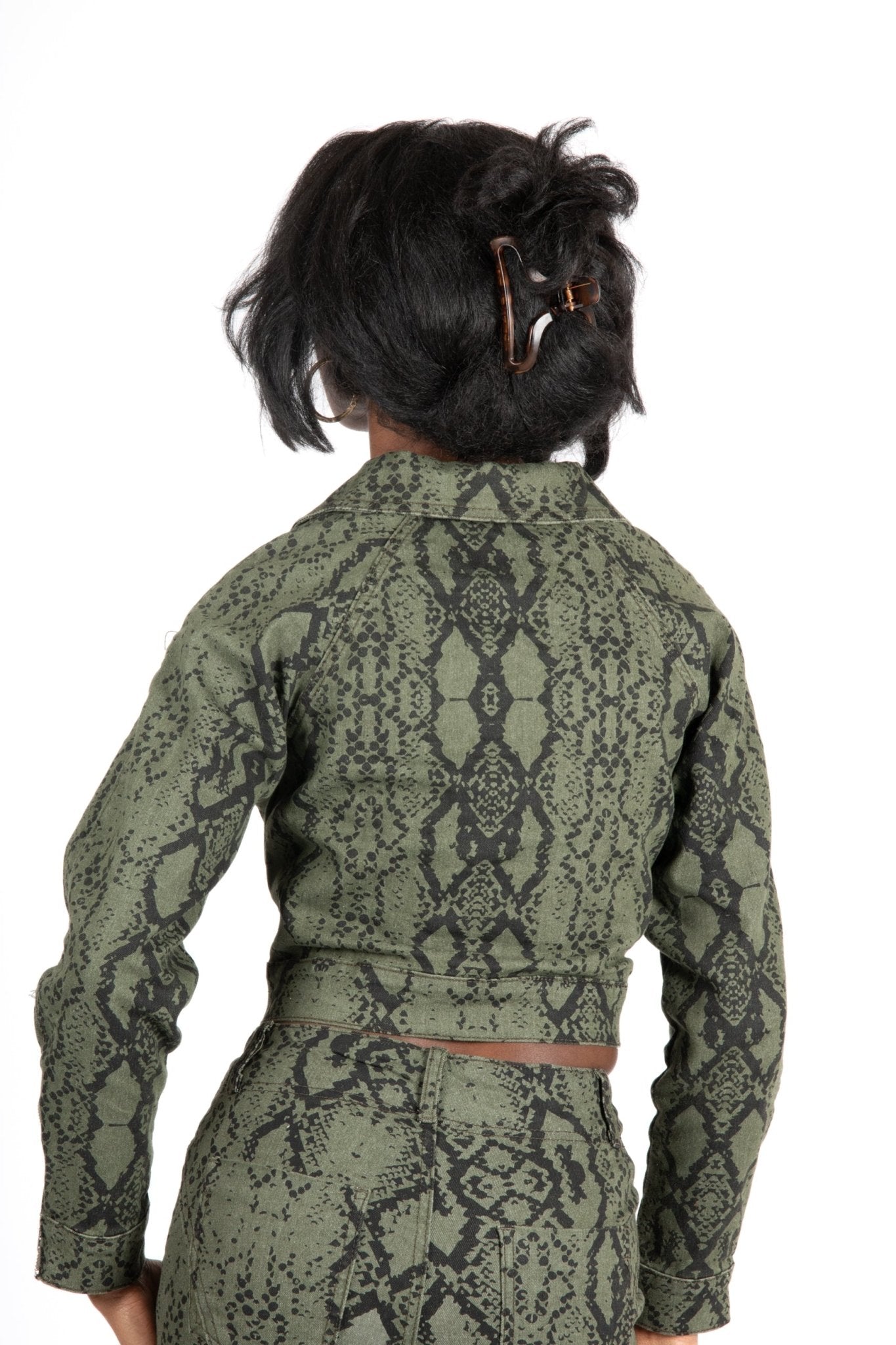 Khaki Snake Print Cropped Denim Jacket - Liquor n Poker