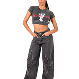 Liquor N Poker Acid - Wash Grey Redemption Motif Cropped T-Shirt - Liquor n Poker