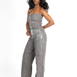 Liquor N Poker Bandeau Panel Detail Jumpsuit Metallic Silver - Liquor n Poker