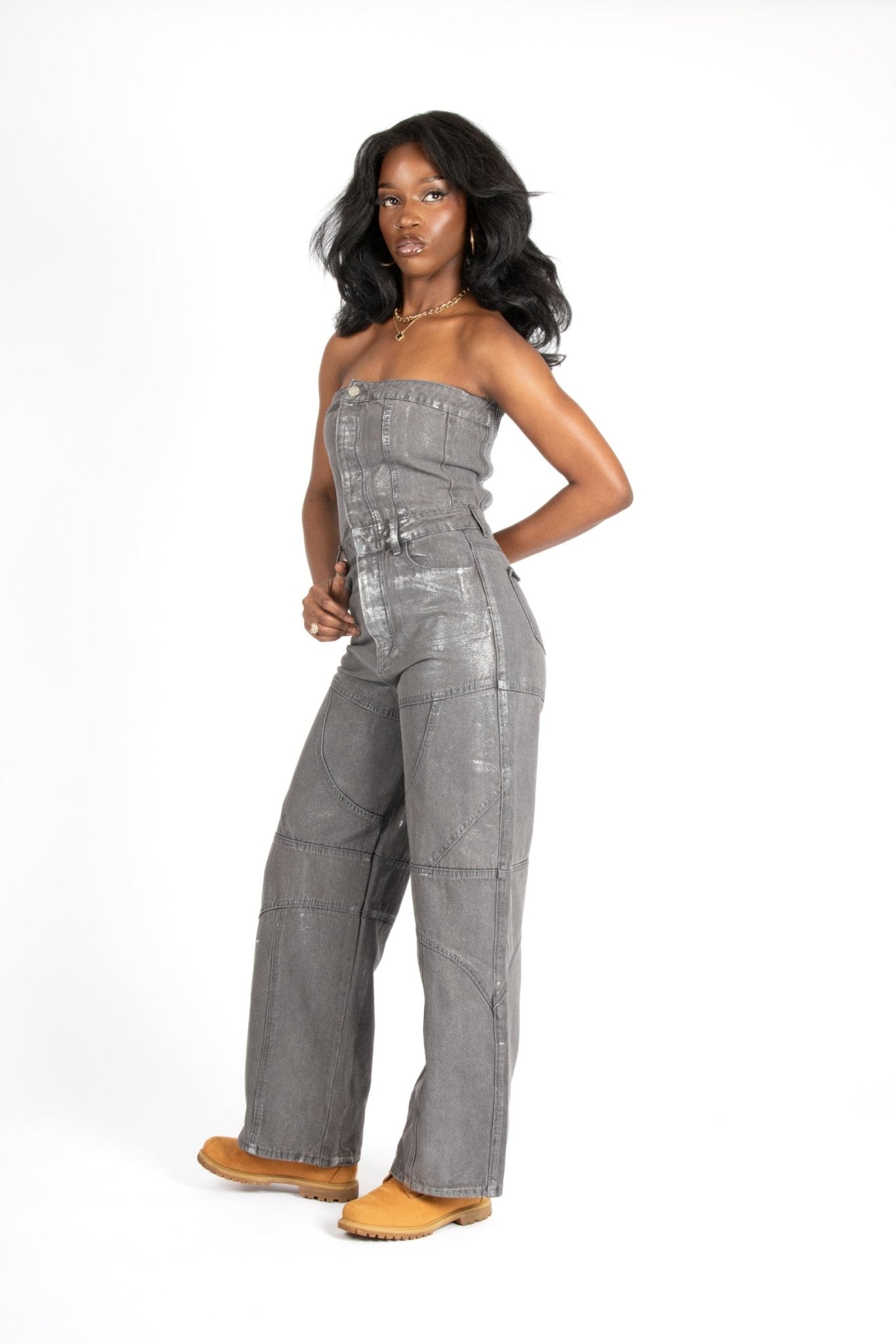 Liquor N Poker Bandeau Panel Detail Jumpsuit Metallic Silver - Liquor n Poker