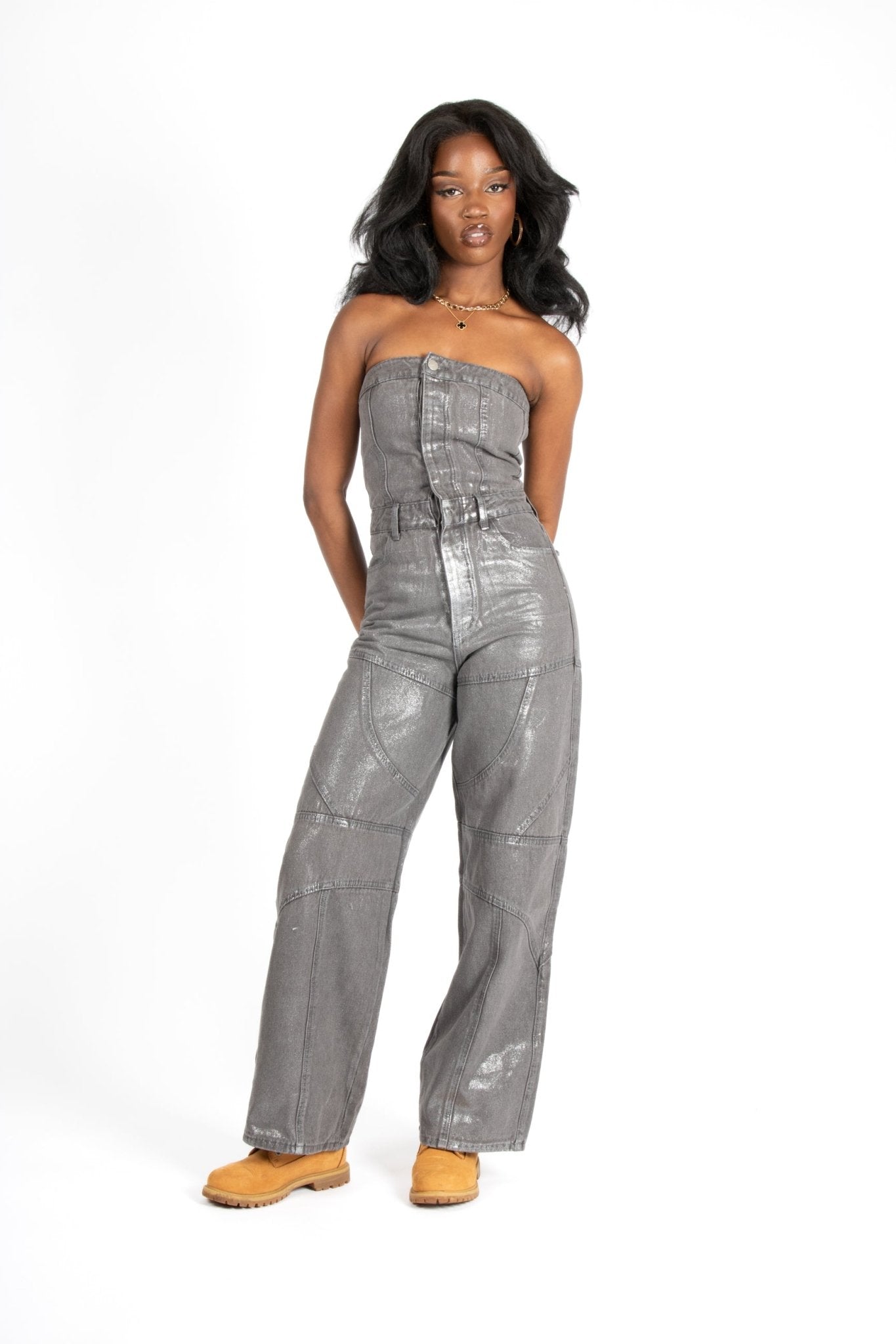 Liquor N Poker Bandeau Panel Detail Jumpsuit Metallic Silver - Liquor n Poker
