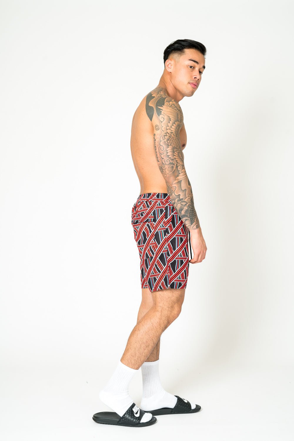 Liquor N Poker Black Relaxed Red & Black Geometric Shorts - Liquor n Poker