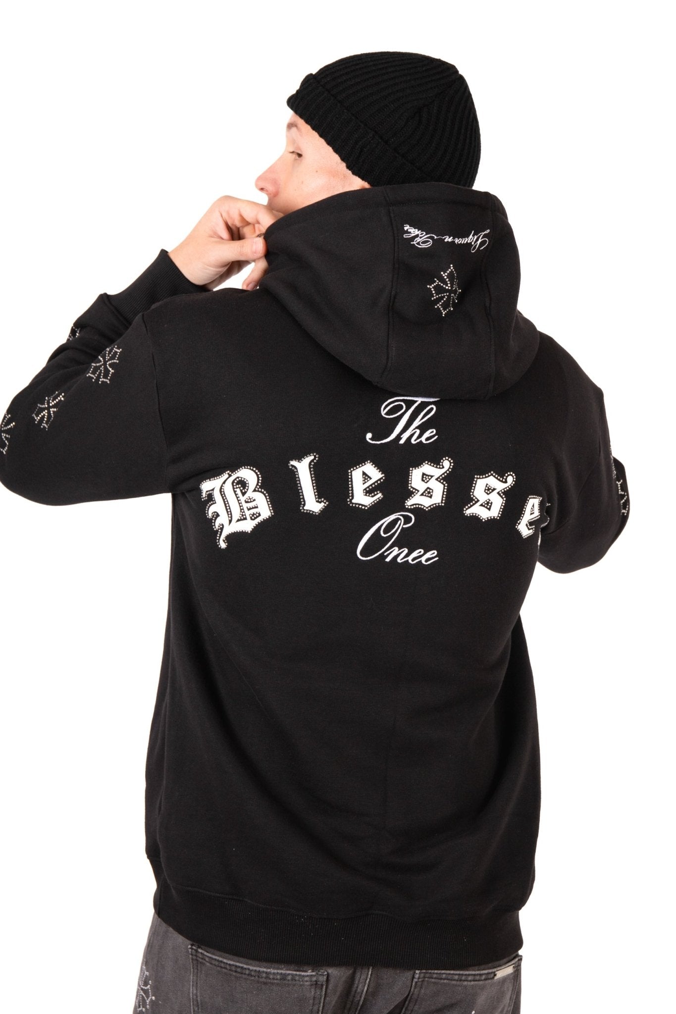 Liquor N Poker Black Rhinestone Embellished 'Blessed' Motif Hoodie - Liquor n Poker
