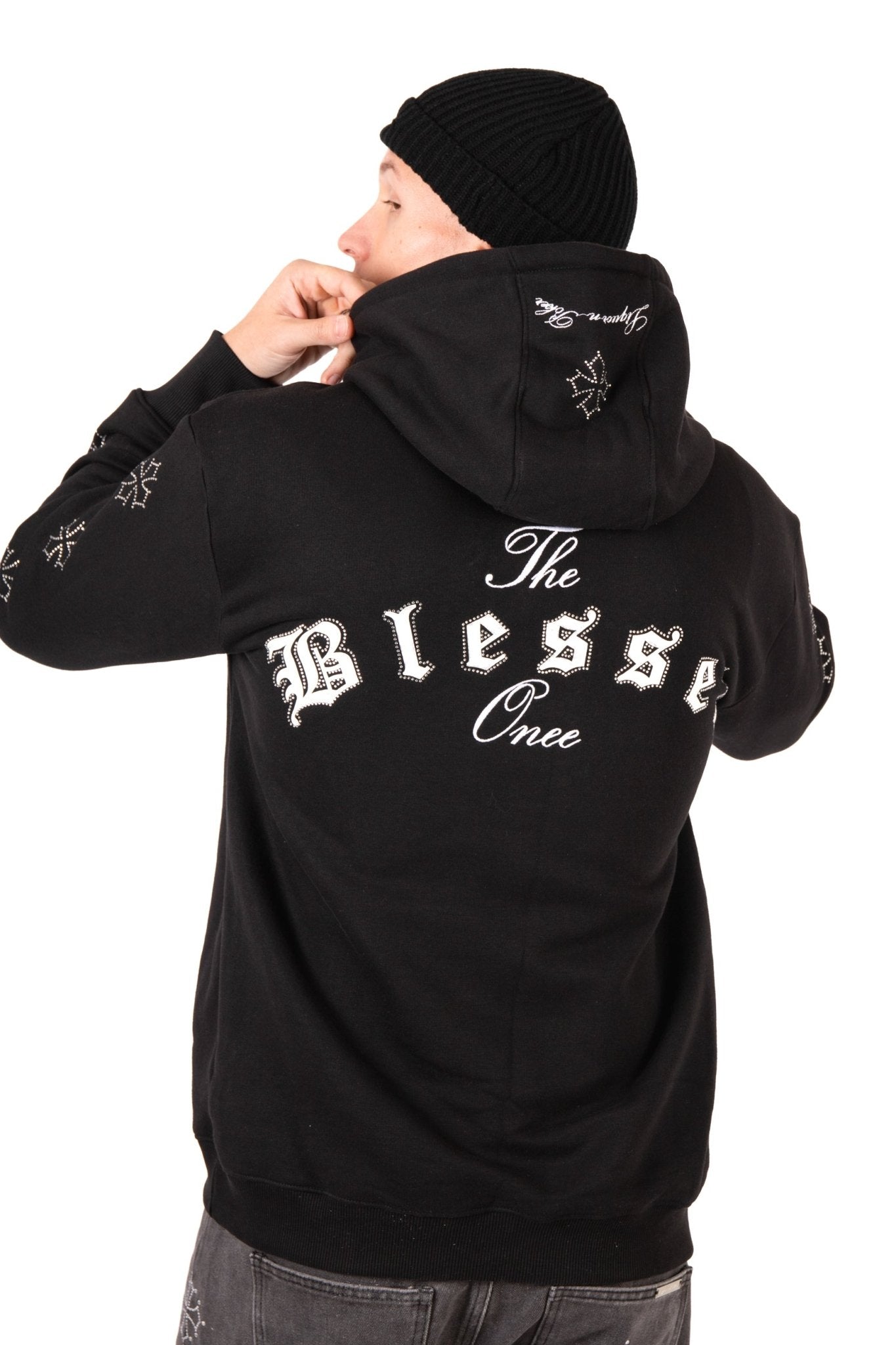 Liquor N Poker Black Rhinestone Embellished 'Blessed' Motif Hoodie - Liquor n Poker